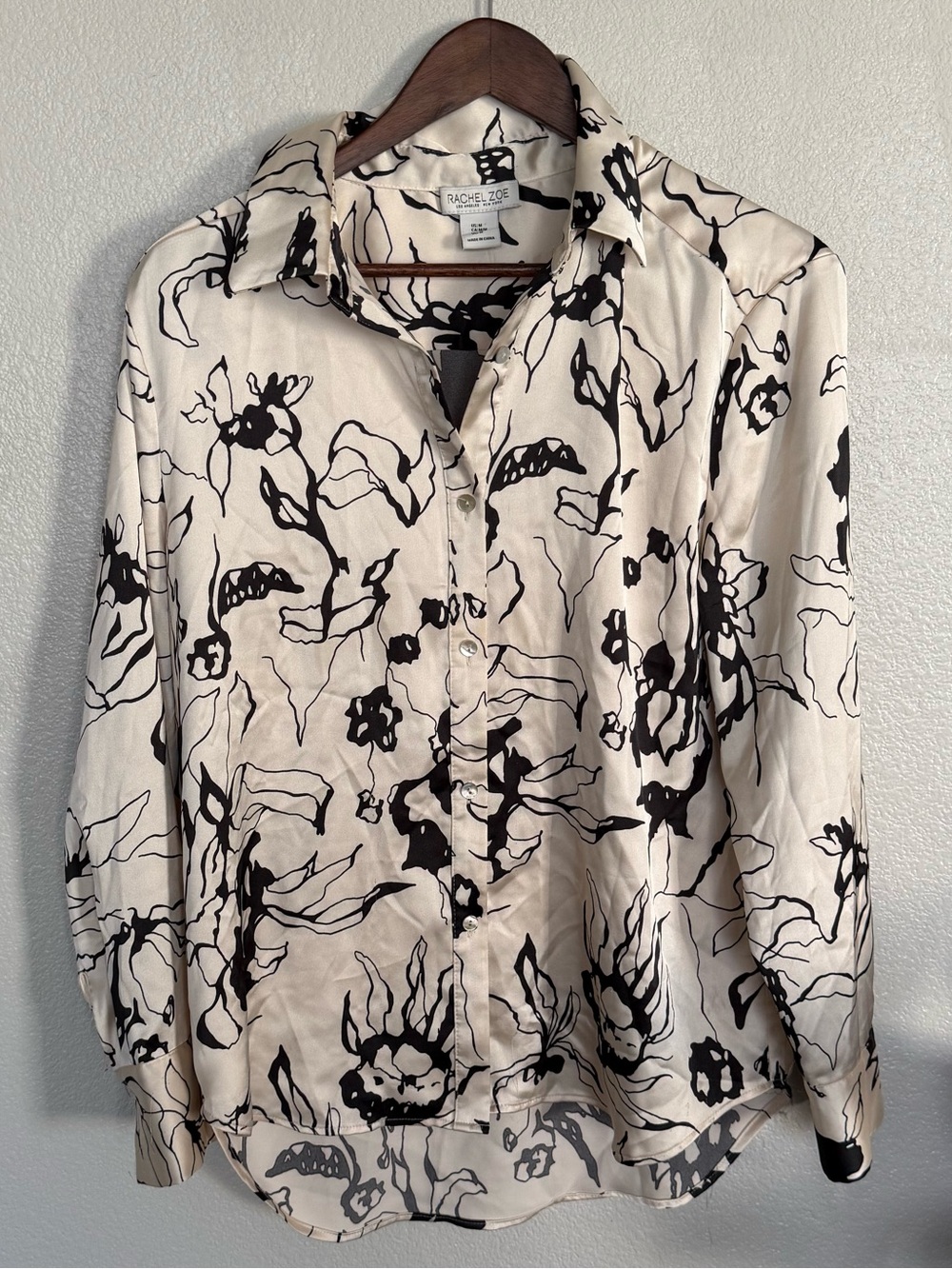 Rachel Zoe Cream Button-Down Shirt with Black Floral Sketch Print